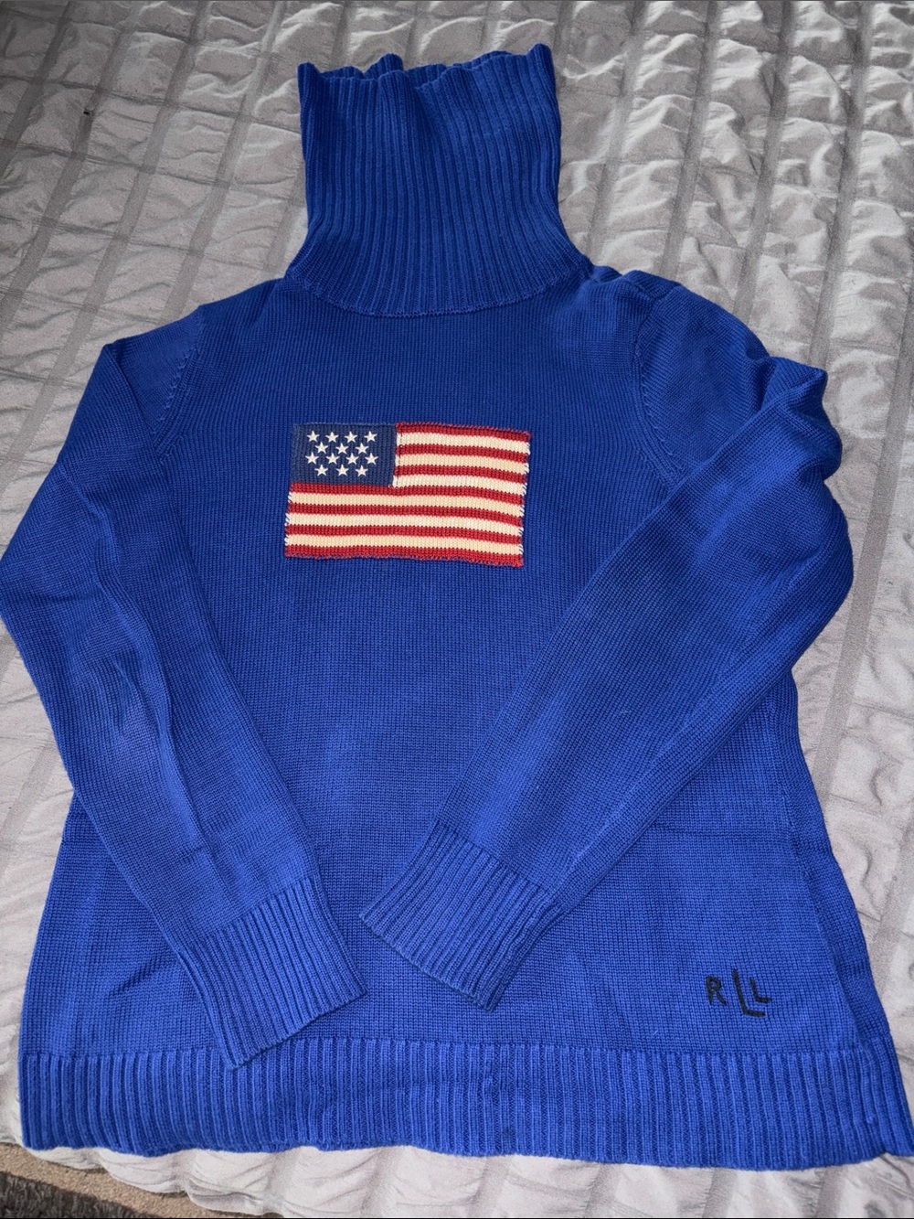 Ralph Lauren Royal Blue Cable-Knit Turtleneck with Flag Patch